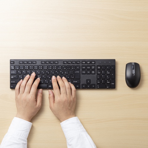 ワイヤレスキーボード（静音ワイヤレスマウス付き・コンパクトサイズ・フルキーボード・2.4GHzワイヤレス・薄型メンブレン・電池式・ブラック）