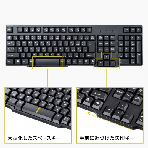 ワイヤレスキーボード（USB Aレシーバー・テンキー付き・メンブレン・コンパクト・フルキーボード・乾電池式・Copilotキー・ブラック）