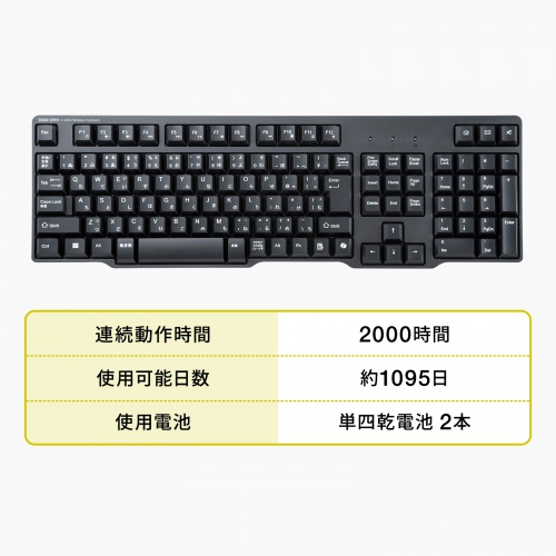 ワイヤレスキーボード（USB Aレシーバー・テンキー付き・メンブレン・コンパクト・フルキーボード・乾電池式・Copilotキー・ブラック）