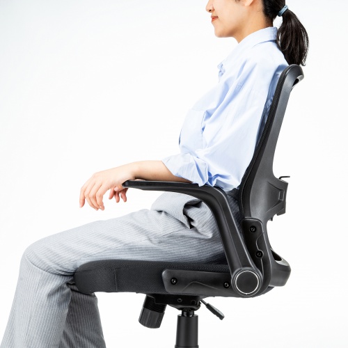 メッシュチェア ひじはね上げ 高さ調節可能ランバーサポート付 座面布生地 ロッキング 背座一体型ロッキング キャスター付 ブラック