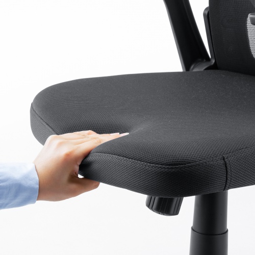 メッシュチェア ひじはね上げ 高さ調節可能ランバーサポート付 座面布生地 ロッキング 背座一体型ロッキング キャスター付 ブラック