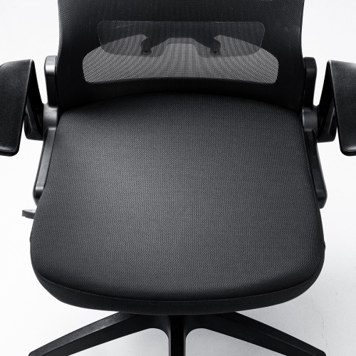 メッシュチェア ひじはね上げ 高さ調節可能ランバーサポート付 座面布生地 ロッキング 背座一体型ロッキング キャスター付 ブラック