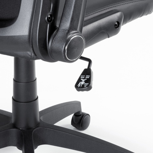 メッシュチェア（ひじはね上げ・高さ調節可能ランバーサポート付・座面ビニールレザー・ロッキング・背座一体型ロッキング・キャスター付・ブラック）