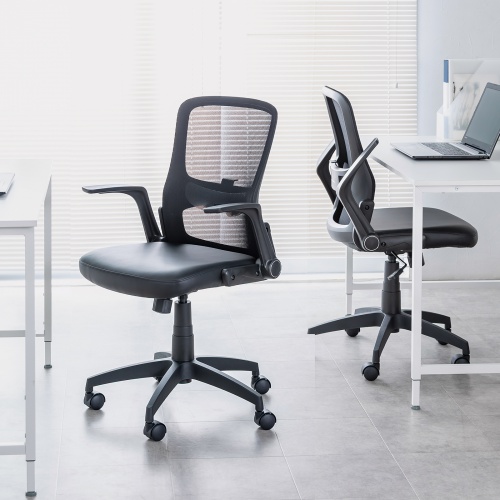 メッシュチェア（ひじはね上げ・高さ調節可能ランバーサポート付・座面ビニールレザー・ロッキング・背座一体型ロッキング・キャスター付・ブラック）