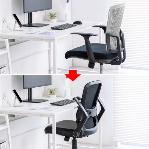 メッシュチェア（ひじはね上げ・高さ調節可能ランバーサポート付・座面ビニールレザー・ロッキング・背座一体型ロッキング・キャスター付・ブラック）