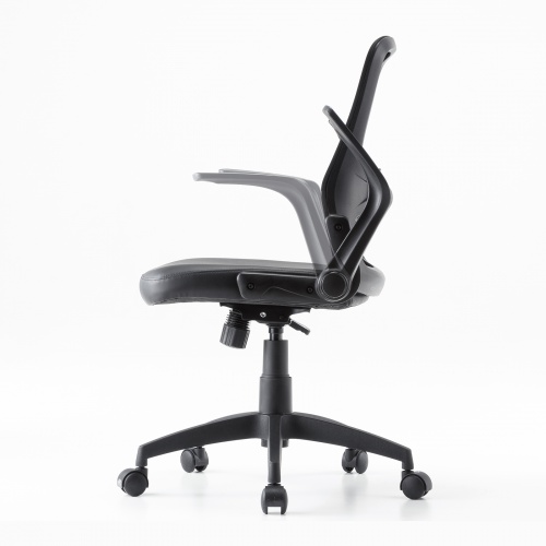 メッシュチェア（ひじはね上げ・高さ調節可能ランバーサポート付・座面ビニールレザー・ロッキング・背座一体型ロッキング・キャスター付・ブラック）
