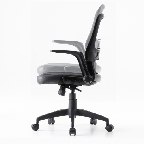 メッシュチェア（ひじはね上げ・高さ調節可能ランバーサポート付・座面ビニールレザー・ロッキング・背座一体型ロッキング・キャスター付・ブラック）