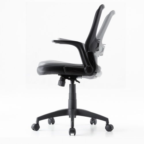 メッシュチェア（ひじはね上げ・高さ調節可能ランバーサポート付・座面ビニールレザー・ロッキング・背座一体型ロッキング・キャスター付・ブラック）