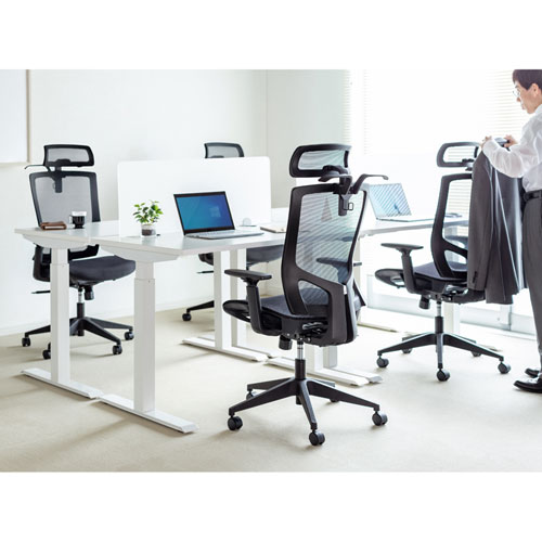 メッシュチェア（ロッキング・座面昇降・ひじあてつき・ヘッドレストつき・ハンガー付き・キャスター・ブラック