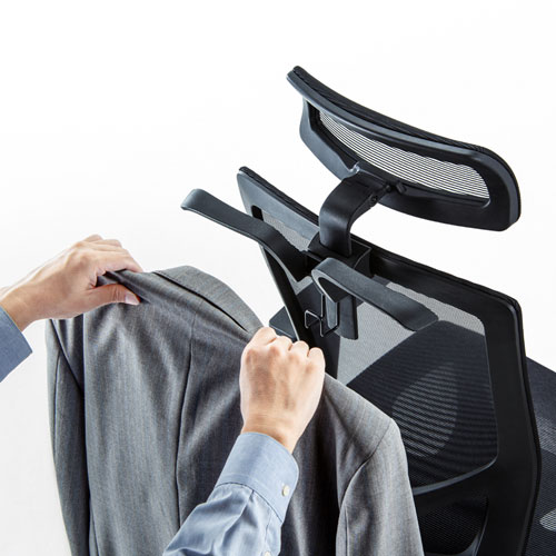 メッシュチェア（ロッキング・座面昇降・ひじあてつき・ヘッドレストつき・ハンガー付き・キャスター・ブラック