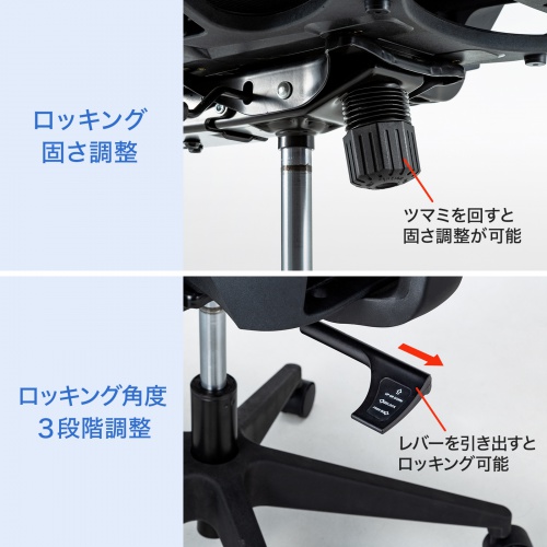 メッシュチェア（ロッキング・座面昇降・ひじあてつき・ヘッドレストつき・ハンガー付き・キャスター・ブラック