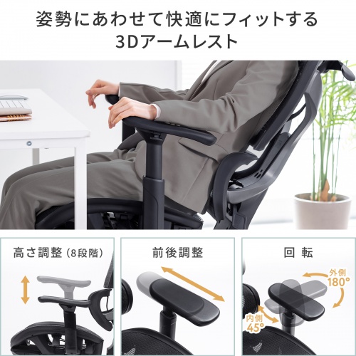 オフィスチェア（メッシュ・シンクロロッキング・3Dアームレスト・ハイバック・座面メッシュ・オットマン・3Dヘッドレスト・ランバーサポート・ハンガー付き）