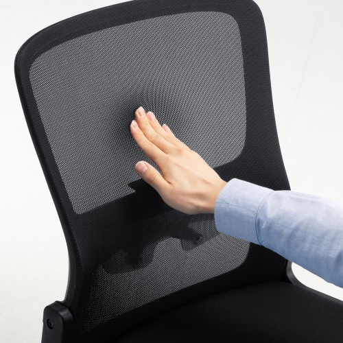 メッシュチェア（高さ調節可能ランバーサポート付・座面布生地・ロッキング・背座一体型ロッキング・キャスター付・ブラック）