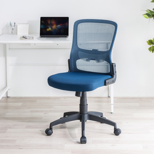 メッシュチェア（高さ調節可能ランバーサポート付・座面布生地・ロッキング・背座一体型ロッキング・キャスター付・ブルー）