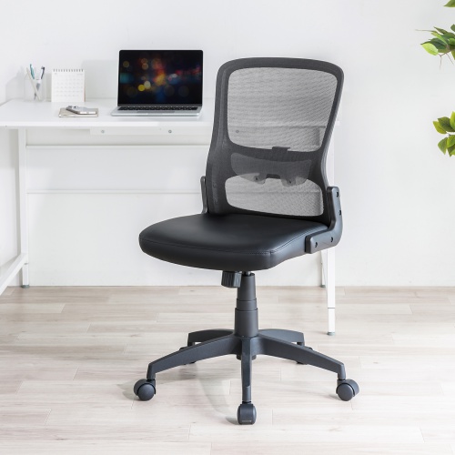 【アウトレット】メッシュチェア（高さ調節可能ランバーサポート付・座面ビニールレザー・ロッキング・背座一体型ロッキング・キャスター付・ブラック）