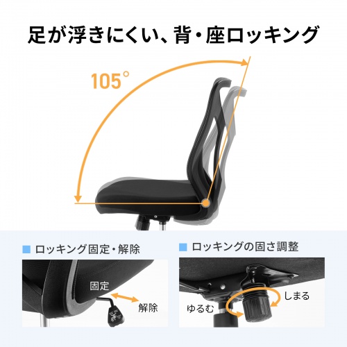 メッシュチェア（オフィスチェア・ミドルバック・高密度ウレタンクッション・ロッキング・キャスター付き）