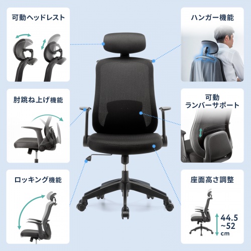 メッシュチェア（ハイバック・跳ね上げ式アームレスト・2Dヘッドレスト・背座一体型ロッキング・ハンガー付き・可動式ランバーサポート）