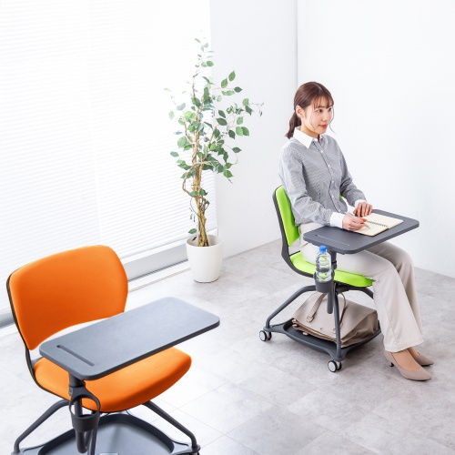 ミーティングチェア（テーブル付・メモ台・カップホルダー・座面下収納対応・キャスター付・1脚・オレンジ） SNC-T165D サンワサプライ