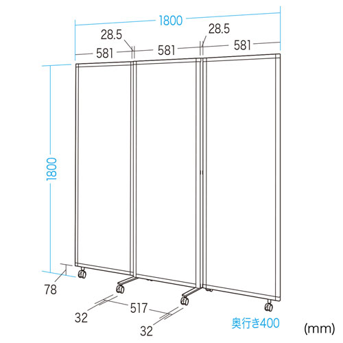 パーティション（三連タイプ・透明・W1800×H1800・飛沫防止・キャスターつき）