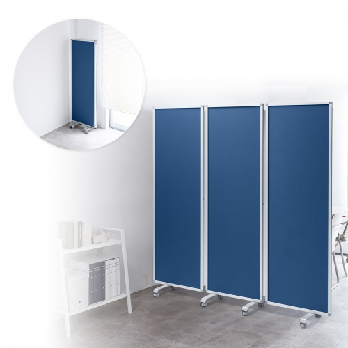 3連結パーティション（幅180cm・高さ180cm・クロスタイプ・ブルー・間仕切り・目隠し・ミーティング・会議室・キャスター）