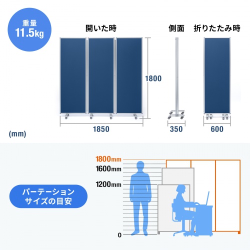 3連結パーティション（幅180cm・高さ180cm・クロスタイプ・ブルー・間仕切り・目隠し・ミーティング・会議室・キャスター）
