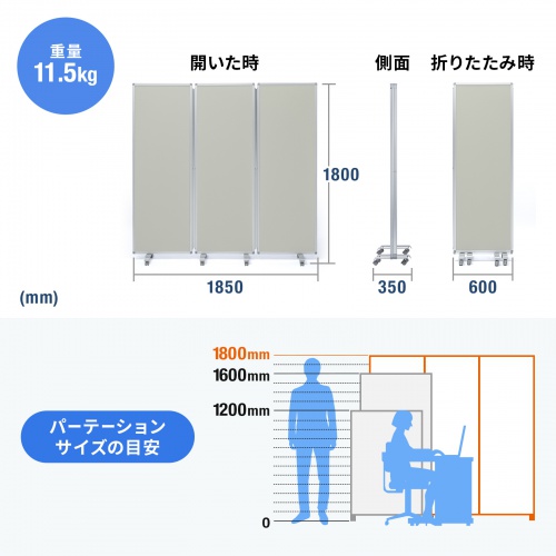 3連結パーティション（幅180cm・高さ180cm・クロスタイプ・グレー・間仕切り・目隠し・ミーティング・会議室・キャスター）
