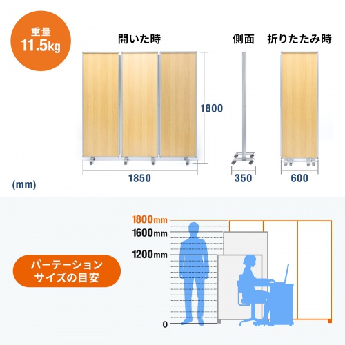 3連結パーティション（幅180cm・高さ180cm・木目タイプ・間仕切り・目隠し・ミーティング・会議室・キャスター）