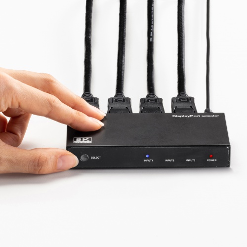 切替器（DisplayPort・3入力1出力・8K/30Hz対応・リモコン付き・コンパクト・ブラック） SW-DP31R サンワサプライ
