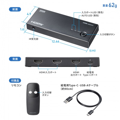 HDMI切替器（2入力1出力・4K/60Hz対応・HDR・HDCP2.3対応・リモコン付き・自動切替・本体ボタン操作・Type-C給電・テレビ・モニター・ゲーム機向け）