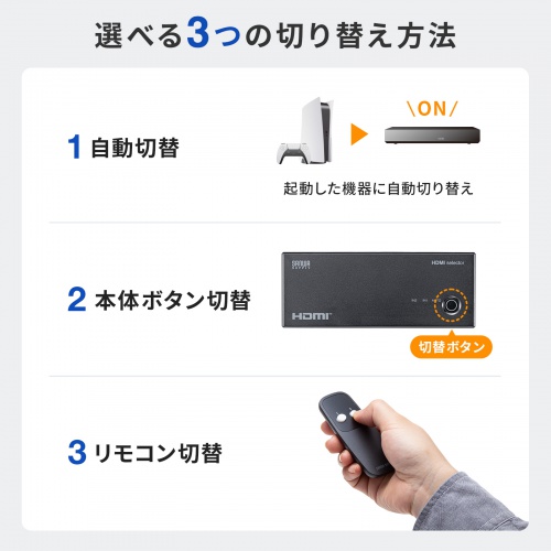 HDMI切替器（2入力1出力・4K/60Hz対応・HDR・HDCP2.3対応・リモコン付き・自動切替・本体ボタン操作・Type-C給電・テレビ・モニター・ゲーム機向け）