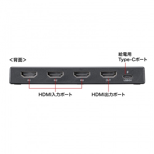 HDMI切替器（3入力1出力・4K/60Hz対応・HDR・HDCP2.3対応・リモコン付き・自動切替・本体ボタン操作・Type-C給電・テレビ・モニター・ゲーム機向け）