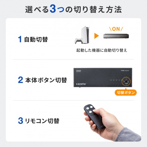 HDMI切替器（4入力1出力・4K/60Hz対応・HDR・HDCP2.3対応・リモコン付き・自動切替・本体ボタン操作・Type-C給電・テレビ・モニター・ゲーム機向け）