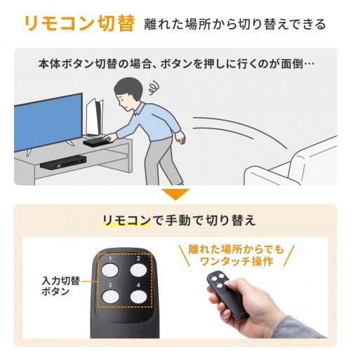 HDMI切替器（4入力1出力・4K/60Hz対応・HDR・HDCP2.3対応・リモコン付き・自動切替・本体ボタン操作・Type-C給電・テレビ・モニター・ゲーム機向け）