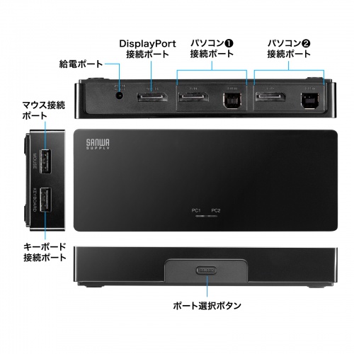パソコン自動切替器（DisplayPort対応・2:1・4K/60Hz・エミュレーション非搭載・マウス・キーボード）
