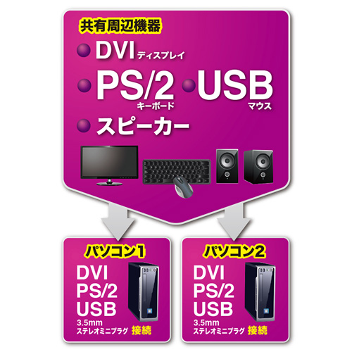 パソコン切替器（WUXGA・フルHDにも対応・DVI・PS/2・USB接続・自動・2:1・ケーブル一体型・エミュレーション機能・コンパクト） SW-KVM2DXN サンワサプライ