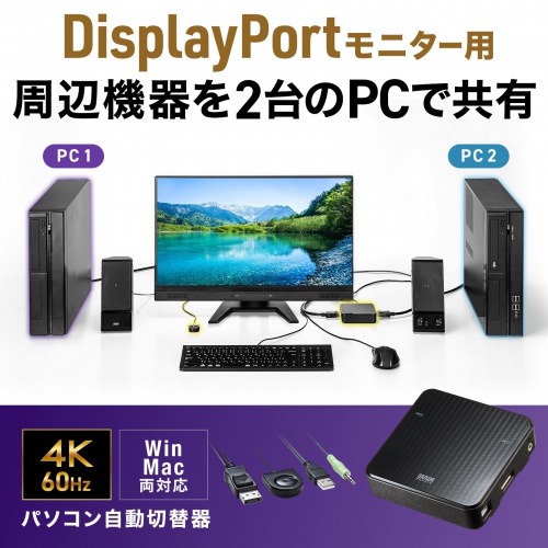 パソコン自動切替器（2:1・DisplayPort対応・手元スイッチ付き） サンワサプライ SW-KVM2WDPU サンワサプライ