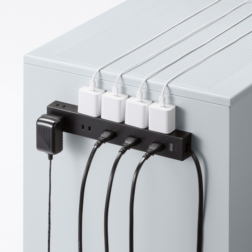 電源タップ（2Pプラグ・10個口・強力ネオジムマグネット・シャッター付き・ACアダプタ対応・3m・ブラック）TAP-2210-3BK