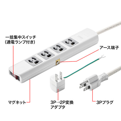 電源タップ(延長コード・5m・4個口・アース線・マグネット・3P
