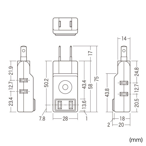 スイングミニタップ（2P・3個口・ブラック）