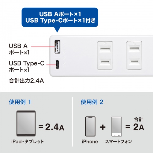 USB充電機能付きタップ Type-C搭載（2P・2個口・Type-Cポート・USB Aポート・2m）