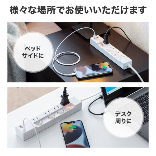 USB充電機能付きタップ Type-C搭載（2P・4個口・個別スイッチ・Type-Cポート・USB Aポート・2m）