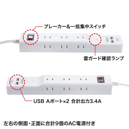 便利タップ（2P・9個口＋USB2ポート・2m・スマホ充電）