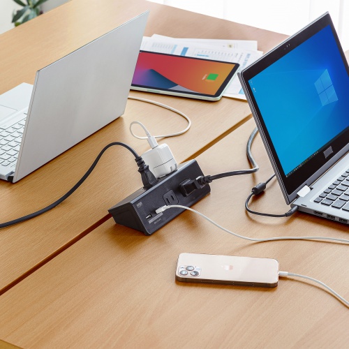 クランプ固定式タップ（USB充電ポート付き・2P・4個口・USB2ポート・一括集中スイッチ・3ｍ・ブラック）TAP-B105U-3BKN