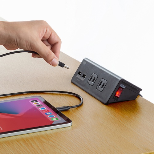 クランプ固定式タップ（USB充電ポート付き・2P・4個口・USB2ポート・一括集中スイッチ・3ｍ・ブラック）TAP-B105U-3BKN