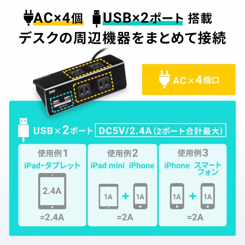 クランプ固定式タップ（USB充電ポート付き・2P・4個口・USB2ポート・一括集中スイッチ・3ｍ・ブラック）TAP-B105U-3BKN