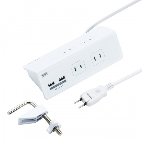 クランプ固定式タップ（USB充電ポート付き・2P・4個口・USB2ポート・一括集中スイッチ・3ｍ・ホワイト）TAP-B105U-3WN