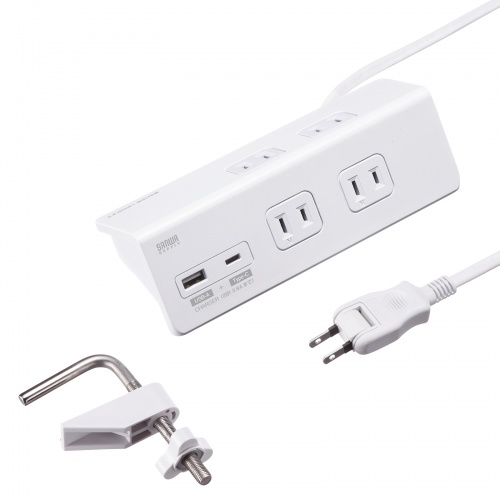 クランプ固定式タップ（Type-C充電ポート付き・2P・4個口・USB Aポート・Type-Cポート・一括集中スイッチ・3ｍ・ホワイト） TAP-B105UC-3W サンワサプライ