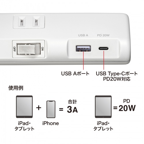 節電タップ（電源タップ・一括集中スイッチ・個別スイッチ・4個口・Type-C・Type-A・PD20W・雷ガード・1m・ホワイト） TAP-B107UC-1W サンワサプライ