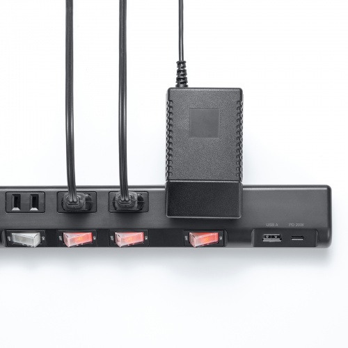 節電タップ（電源タップ・一括集中スイッチ・個別スイッチ・6個口・Type-C・Type-A・PD20W・雷ガード・1m・ブラック） TAP-B108UC-1BK サンワサプライ