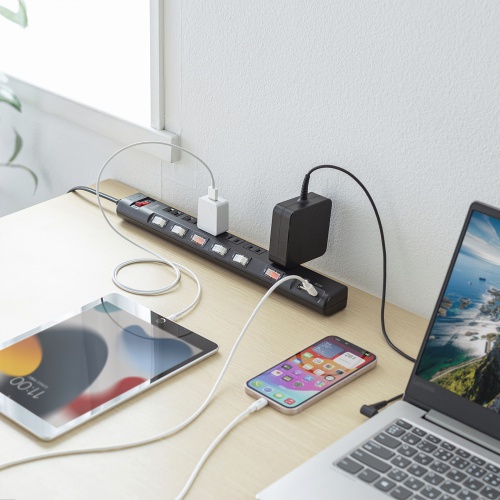 節電タップ（電源タップ・一括集中スイッチ・個別スイッチ・6個口・Type-C・Type-A・PD20W・雷ガード・1m・ブラック） TAP-B108UC-1BK サンワサプライ